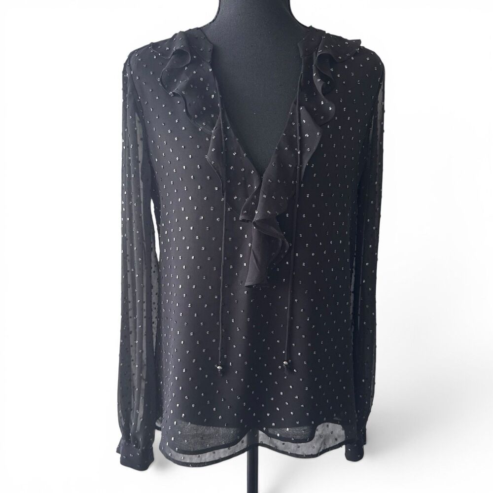 PAIGE Marella Blouse XS Black Swiss Dot Sheer Sleeve Ruffle V Neck Tie Top $158